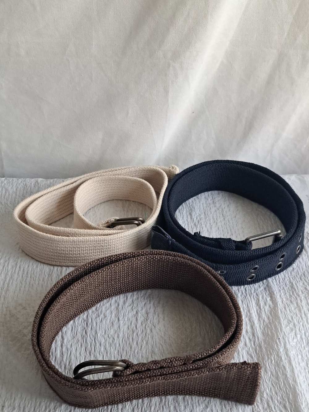 Three Polyester Belts - Navy, Brown, Cream